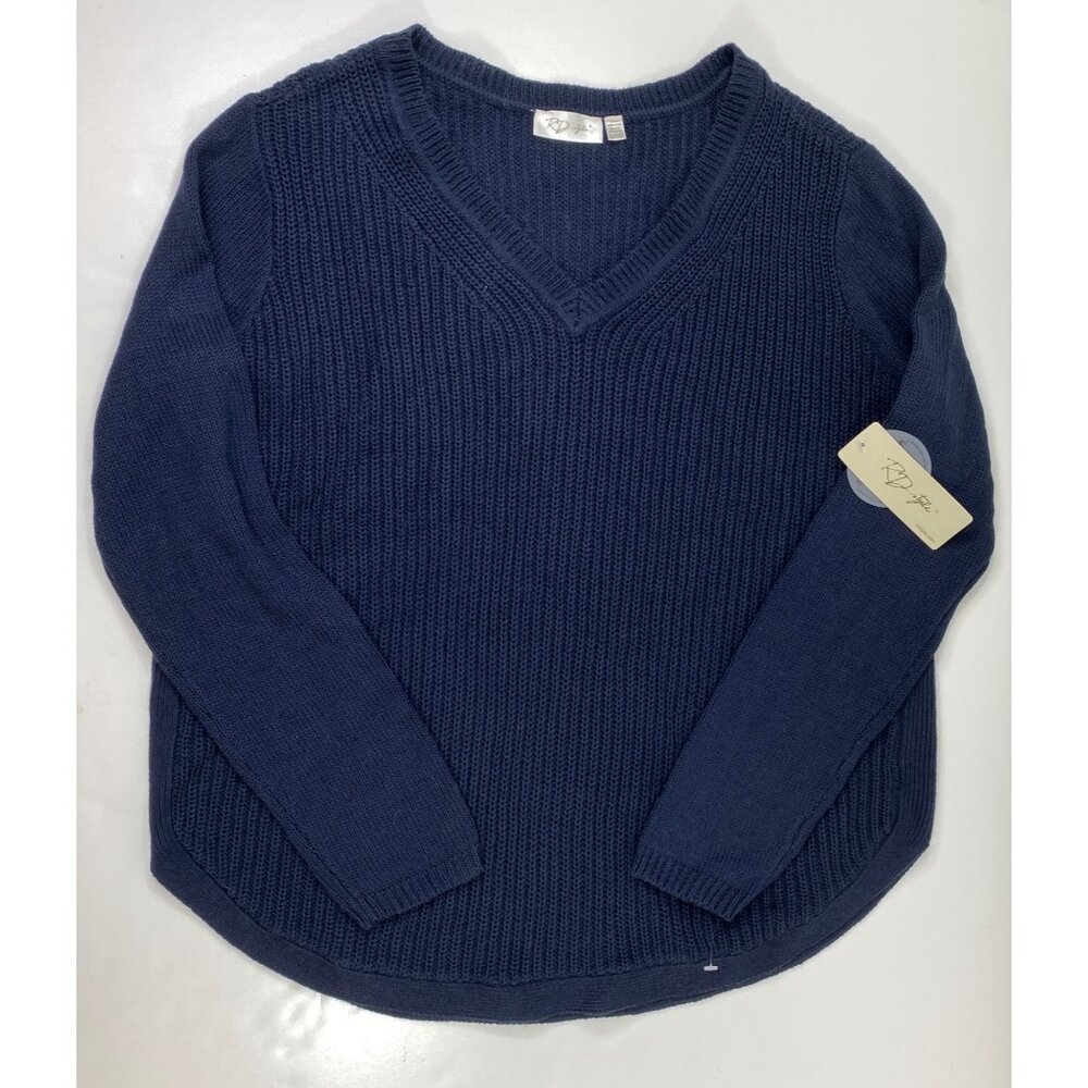 RD Style Womens Navy Blue V-Neck Pullover Long Sleeve Sweater Cotton Size XXL